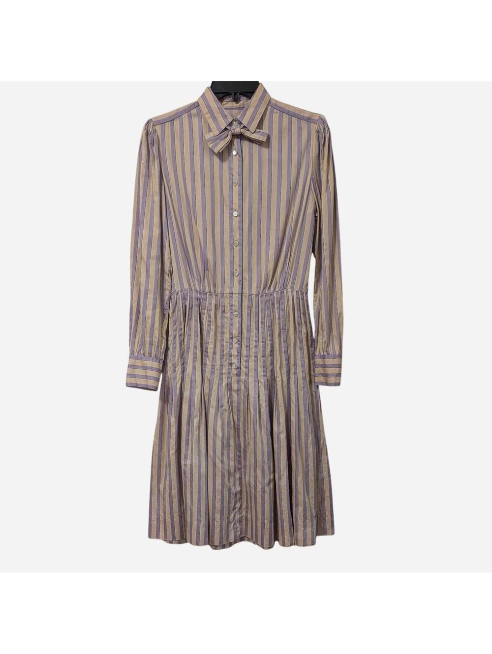 60s Candy Stripe Silk Shirtwaist Drop Waist Day Dress With Detachable Bow XS